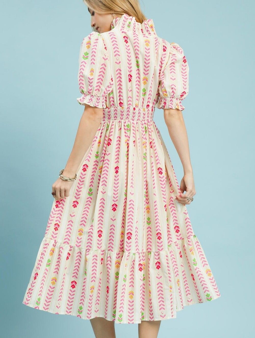 💥3/$180💥Umgee Cream Mix Floral Stripe Midi Dress - Pink & Green sz Large 10-12 - Picture 2 of 7